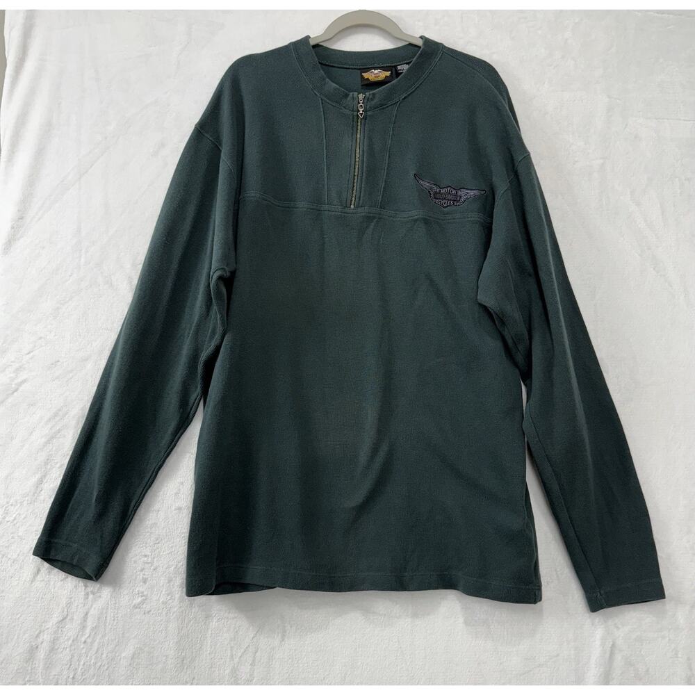 Vintage Harley Davidson Pull Over Green 1/4 Zip Sweater Mens Size Large
